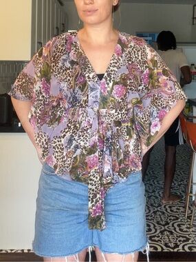 Y2K Bohemian Purple Floral Leopard beaded flowy Top Blouse